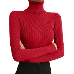 Dihope Damen Rollkragenpullover Basic Pullover Dünner Strickpullover Elastisch Gerippt Strickpulli Elegant Langarmshirt Casual Slim Fit Pulli Sweatshirts für Herbst Winter(Rot,One Size) von Dihope