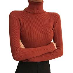 Dihope Damen Rollkragenpullover Basic Pullover Dünner Strickpullover Elastisch Gerippt Strickpulli Elegant Langarmshirt Casual Slim Fit Pulli Sweatshirts für Herbst Winter(Ziegelrot,One Size) von Dihope