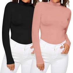 Dihope Damen Rollkragenshirt Basic Elegant Langarmshirt Rolli Weicher Pullover Sweatshirts Dünn Stretch Unterziehrolli Slim Fit Oberteile für Herbst Winter(2pc-Schwarz+Rosa,XXL) von Dihope