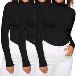 Dihope Damen Rollkragenshirt Basic Elegant Langarmshirt Rolli Weicher Pullover Sweatshirts Dünn Stretch Unterziehrolli Slim Fit Oberteile für Herbst Winter(3pc-Schwarz*3,L) von Dihope