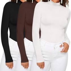 Dihope Damen Rollkragenshirt Basic Elegant Langarmshirt Rolli Weicher Pullover Sweatshirts Dünn Stretch Unterziehrolli Slim Fit Oberteile für Herbst Winter(3pc-Schwarz+Weiß+Kaffee,XXL) von Dihope