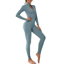 Dihope Damen Sport Jumpsuit eng Langarm mit Reißverschluss V-Ausschnitt Yoga Bodysuit Bodycon Einteiler Stretch Elegant Romper Gerippte Workout Overall Hosenanzug Outfit(Blau,S) von Dihope