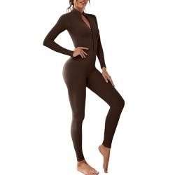 Dihope Damen Sport Jumpsuit eng Langarm mit Reißverschluss V-Ausschnitt Yoga Bodysuit Bodycon Einteiler Stretch Elegant Romper Gerippte Workout Overall Hosenanzug Outfit(Kaffee,M) von Dihope