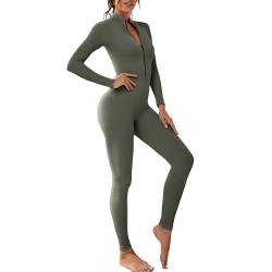 Dihope Damen Sport Jumpsuit eng Langarm mit Reißverschluss V-Ausschnitt Yoga Bodysuit Bodycon Einteiler Stretch Elegant Romper Gerippte Workout Overall Hosenanzug Outfit(Rizinusgrau,M) von Dihope
