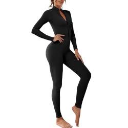 Dihope Damen Sport Jumpsuit eng Langarm mit Reißverschluss V-Ausschnitt Yoga Bodysuit Bodycon Einteiler Stretch Elegant Romper Gerippte Workout Overall Hosenanzug Outfit(Schwarz,M) von Dihope