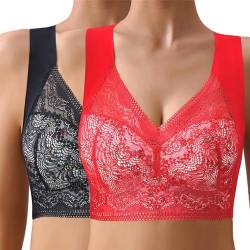 Dihope Eisseide BH Floral Spitzen Soft BH ohne Bügel Gepolstert Push Up Nahtlos Klassische Bustier Weicher Atmungsaktiver Bügelloser Seamless Bra(Schwarz+Rot,EU XXL/Tag 3XL) von Dihope