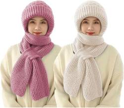 Dihope Integrierter Gehörschutz Winddichte Mütze Schal,2 in 1 Winddichter Mützenschal Niedlich Mütze Schal Set Damen mit Brosche Winter Warm Strickmütze, Kapuzenschal für Frauen von Dihope