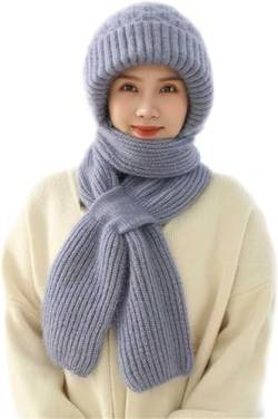 Dihope Integrierter Gehörschutz Winddichte Mütze Schal,2 in 1 Winddichter Mützenschal Niedlich Mütze Schal Set Damen mit Brosche Winter Warm Strickmütze, Kapuzenschal für Frauen von Dihope