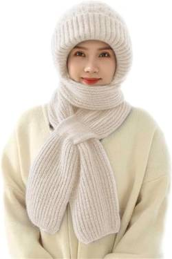 Dihope Integrierter Gehörschutz Winddichte Mütze Schal,2 in 1 Winddichter Mützenschal Niedlich Mütze Schal Set Damen mit Brosche Winter Warm Strickmütze, Kapuzenschal für Frauen von Dihope