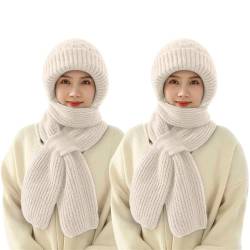 Dihope Integrierter Gehörschutz Winddichte Mütze Schal,Damen 2 in 1 Winterschal Mütze Verdickter Warmer Strickmütze Kapuzenschal für Frauen Winter(Beige+Beige,One Size) von Dihope