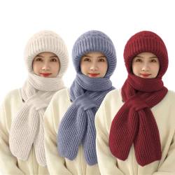 Dihope Integrierter Gehörschutz Winddichte Mütze Schal,Damen 2 in 1 Winterschal Mütze Verdickter Warmer Strickmütze Kapuzenschal für Frauen Winter(Beige+Grau+Weinrot,One Size) von Dihope