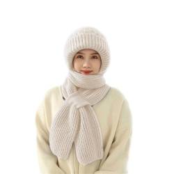 Dihope Integrierter Gehörschutz Winddichte Mütze Schal,Damen 2 in 1 Winterschal Mütze Verdickter Warmer Strickmütze Kapuzenschal für Frauen Winter(Beige,One Size) von Dihope