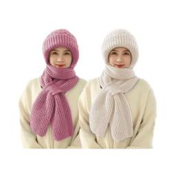 Dihope Integrierter Gehörschutz Winddichte Mütze Schal,Damen 2 in 1 Winterschal Mütze Verdickter Warmer Strickmütze Kapuzenschal für Frauen Winter(Rosa+Beige,One Size) von Dihope