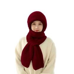 Dihope Integrierter Gehörschutz Winddichte Mütze Schal,Damen 2 in 1 Winterschal Mütze Verdickter Warmer Strickmütze Kapuzenschal für Frauen Winter(Weinrot,One Size) von Dihope