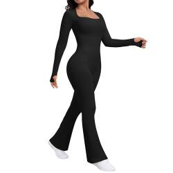 Dihope Jumpsuit Damen Flared Leg Langarm Einteiler Eng Ribbed Jumpsuit Schlaghose Yoga Romper Stretch Quadratischer Ausschnitt(Flared: Schwarz,M) von Dihope