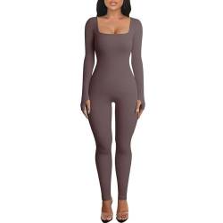 Dihope Jumpsuit Damen Sport Yoga Bodysuit Gerippte Overall Stretch Playsuits Langarm Bodycon Strampler Einteiler Eckigem Ausschnitt Trainingsanzug(Dunkelbraun，S) von Dihope