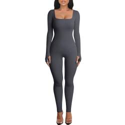 Dihope Jumpsuit Damen Sport Yoga Bodysuit Gerippte Overall Stretch Playsuits Langarm Bodycon Strampler Einteiler Eckigem Ausschnitt Trainingsanzug(Dunkelgrau，S) von Dihope