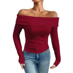 Dihope Langarmshirt Damen Schulterfreies Oberteil Y2K Sexy Off Shoulder Top Langarm Shirts Eng Slim Tshirt Longsleeve(Weinrot,S) von Dihope