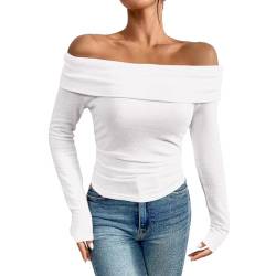 Dihope Langarmshirt Damen Schulterfreies Oberteil Y2K Sexy Off Shoulder Top Langarm Shirts Eng Slim Tshirt Longsleeve(Weiß,L) von Dihope