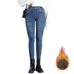 Dihope Thermo Jeggings Damen Jeansoptik High Waist Treggings Stretch Jeans (01: Blau,L) von Dihope