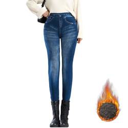 Dihope Thermo Jeggings Damen Jeansoptik High Waist Treggings Stretch Jeans Leggings Lang Warm Winter Jeggings Gefütterte Jeanshosen Baumwolle(02: Blau,L) von Dihope