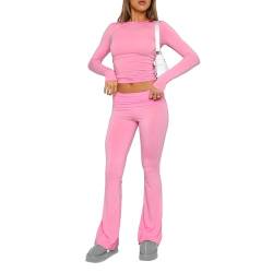 Dihope Zweiteiler Damen Y2K Skims Dupes Set Langarmshirt mit Low Rise Flare Lange Schlaghose Slim Fit 2 Stück Lounge Set Outfit Yoga Trainingsanzug Freizeitanzug(Rosa,M) von Dihope