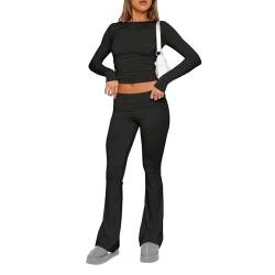 Dihope Zweiteiler Damen Y2K Skims Dupes Set Langarmshirt mit Low Rise Flare Lange Schlaghose Slim Fit 2 Stück Lounge Set Outfit Yoga Trainingsanzug Freizeitanzug(Schwarz,S) von Dihope