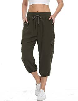 Dilgul Hosen Damen 3/4 Hose Jogginghose Sommer Casual Einfarbig Baggy Freizeithosen Elastischen Kordelzug mit 4 Taschen Bündchen Sporthose Armeegrün X-Large von Dilgul