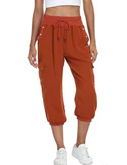 Dilgul Hosen Damen 3/4 Hose Jogginghose Sommer Casual Einfarbig Baggy Freizeithosen Elastischen Kordelzug mit 4 Taschen Bündchen Sporthose Drucken Dunkelbraun Large von Dilgul