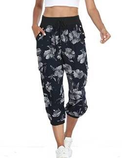 Dilgul Hosen Damen 3/4 Hose Jogginghose Sommer Casual Einfarbig Baggy Freizeithosen Elastischen Kordelzug mit 4 Taschen Bündchen Sporthose Drucken Schwarz X-Large von Dilgul