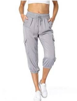 Dilgul Hosen Damen 3/4 Hose Jogginghose Sommer Casual Einfarbig Baggy Freizeithosen Elastischen Kordelzug mit 4 Taschen Bündchen Sporthose Dunkelgrau Medium von Dilgul