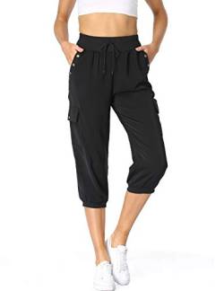 Dilgul Hosen Damen 3/4 Hose Jogginghose Sommer Casual Einfarbig Baggy Freizeithosen Elastischen Kordelzug mit 4 Taschen Bündchen Sporthose Schwarz Large von Dilgul