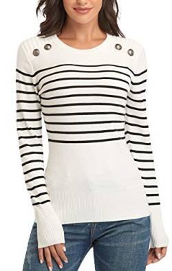 Dilgul Pullover Damen Gestreiftes Langarmshirt Strickpullover Sweatshirt Pulli Tunika mit Knöpfen Beige Medium von Dilgul