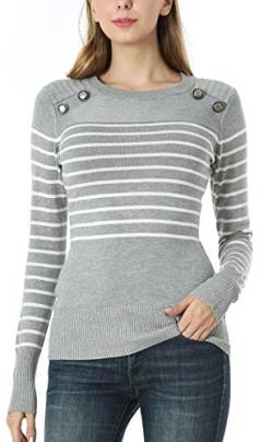 Dilgul Pullover Damen Gestreiftes Langarmshirt Strickpullover Sweatshirt Pulli Tunika mit Knöpfen Hell Grau X-Large von Dilgul