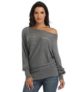 Dilgul Pullover Damen Oberteile Langarmshirt Strickpullover Sexy Off Shoulder Pullover Fledermausärmel Lose Schulterfrei Herbst Strick Oberteil Dunkelgrau Large von Dilgul