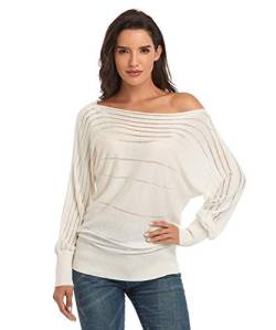 Dilgul Pullover Damen Oberteile Langarmshirt Strickpullover Sexy Off Shoulder Pullover Fledermausärmel Lose Schulterfrei Herbst Strick Oberteil Elfenbein Medium von Dilgul