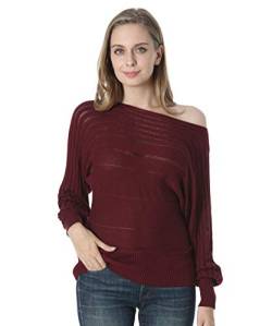 Dilgul Pullover Damen Oberteile Langarmshirt Strickpullover Sexy Off Shoulder Pullover Fledermausärmel Lose Schulterfrei Herbst Strick Oberteil Rotwein Small von Dilgul