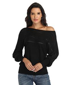 Dilgul Pullover Damen Oberteile Langarmshirt Strickpullover Sexy Off Shoulder Pullover Fledermausärmel Lose Schulterfrei Herbst Strick Oberteil Schwarz Medium von Dilgul