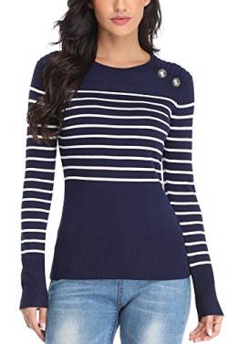 Dilgul Strickpullover Damen Pullover Gestreiftes Langarmshirt Pulli Tunika Sweatshirt mit Knöpfen Blau Small von Dilgul