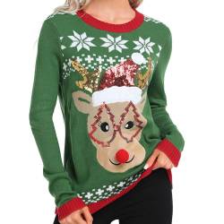 Dilgul Weihnachten Pullover Damen Winter Christmas Strickpullover Langarm Sweatshirt Elch Grün Medium von Dilgul