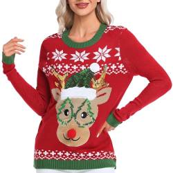 Dilgul Weihnachten Pullover Damen Winter Christmas Strickpullover Langarm Sweatshirt Xmas Elch Rot Large von Dilgul