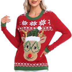 Dilgul Weihnachten Pullover Damen Winter Christmas Strickpullover Langarm Sweatshirt Xmas Elch Rot X-Large von Dilgul