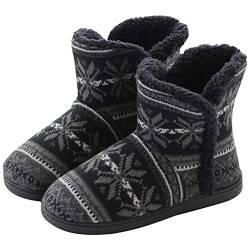 DimaiGlobal Damen Herren Hausschuhe Stricken Hüttenschuhe rutschfeste Wolle Hausstiefel Pantoffeln Plüsch gefüttert Warme Hüttenstiefel Winter Drinnen Draußen 37/38EU Schwarz2 von DimaiGlobal