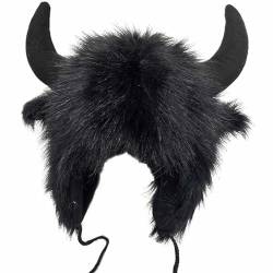 Dinnesis Büffelmütze mit Hörnern, pelziger Ohrenschützer, Wintermütze, Büffelgesicht, Flauschige Ohrbedeckung, Ohrenklappenmütze Herren Fleece Haube (Black, One Size) von Dinnesis