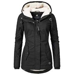 Frauen Winter Vlies Langarm-Kapuze warm mit Reißverschluss Daunen Kurzmantel Damen (Black, L) von Dinnesis