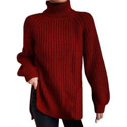 Herbst- und Wintermode, einfarbig, Strickpullover, mittellang, Schulterärmel, hohes, geteilter Pullover Rollkragenpullis (Red, XXXL) von Dinnesis