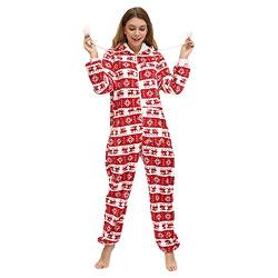 Jumpsuit Damen Weihnachten - Onesie Damen Kuschelig Overall Herbst Winter Einteiler Festliche Druck Overall Baumwolle Dickere Bodysuit Fleece Warm Hausanzug Lang Beiläufig Schlafoverall Langarm Pyjama von Dinnesis