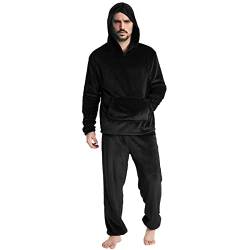 Mens Four Seasons Fashion Leisure Soft Home Solid Color Shirt Pants Pyjama Set Home Service Zweiteiler Long Fleece Warm Hoodie Pyjamas Warmer Schlafanzug Herren Winter (Black, XXXL) von Dinnesis