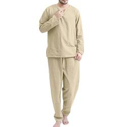 Schlafanzug Herren Lang Baumwolle Lenien - Nachtwäsche Einfarbig Freizeianzug V-Ausschnitt Langarm-Shirt & Schlafanzughose Zweiteilig Set Locker Hausanzug Baggy Bequem Nightwear-Sets von Dinnesis