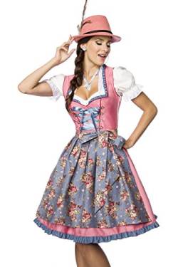 Luxus Designer Dirndl mit Schürze Kleid Dirndkleid Oktoberfest Tracht Trachtenkleid Spitze Denim Blumenprint Paspelierung Rüschen- L, Rosa/Blau von Dirndline